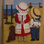 cuadro de niños con perro mirando al mar